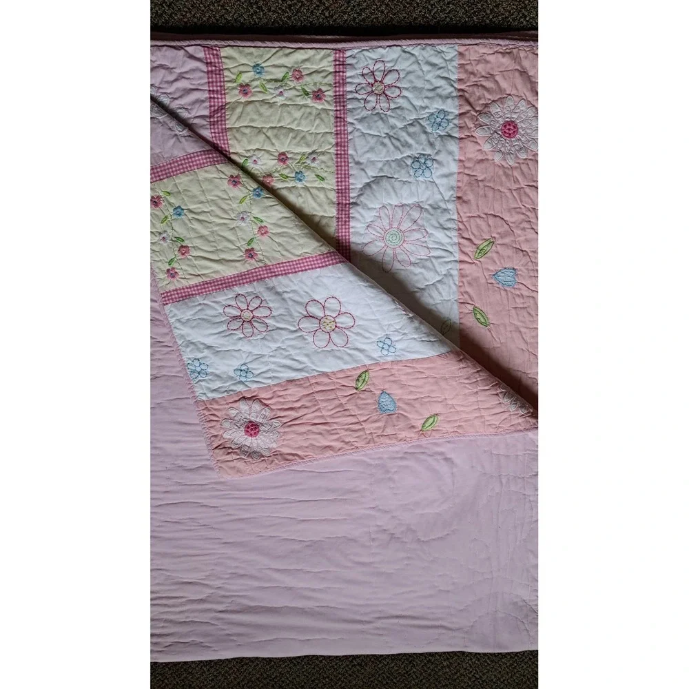 Pottery Barn Kids Cotton Daisy Garden Embroidered Appliqued Quilt Full/Queen